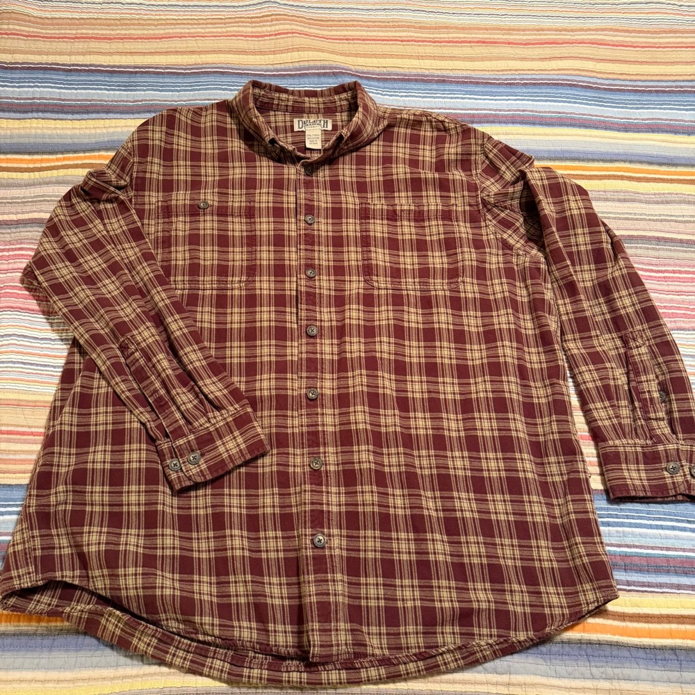 Duluth Trading Co Mens 2XLT Tall Plaid Flannel Long Sleeve Shirt Burgundy Tan